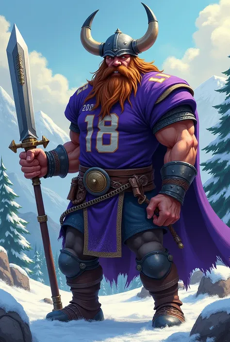 Viking with sword wearing purple football shirt animated 