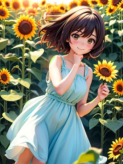  master piece, best quality, for below, cinematic angle, upper body , pigeon toed,  
Anime-style Moe illustration, summer vacation theme, 20-year-old woman, sunflower field, short hair, 
Picnic Maxi Dress, slightly inner thighs, smile, accurate drawing, Ac...