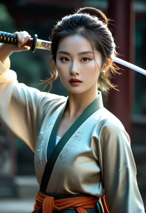 high quality, 8K Ultra HD, Surreal portrait of a stunning woman.
Photography，Hyperrealism，Feeling，Ancient style，Martial arts aesthetics，Quacks，Bronze，怀旧Feeling，Classical Chinese women，A long sword with a cold glow，Showing resilience through your eyes，Tynda...