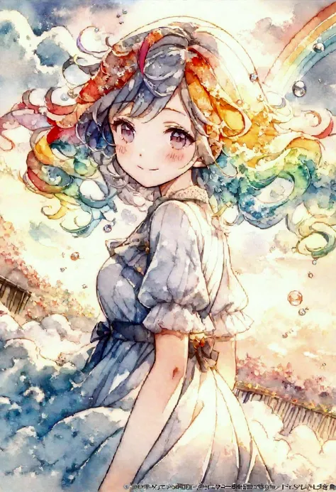 (masterpiece, Highest quality, Highest quality, watercolor (Moderate), Official Art, beautifully、aesthetic: 1.2), (1 girl: 1.3), (Fractal Art: 1.3), morning, Good morning, smile, sunny, happiness, Audience, pattern, Wave, (Rainbow Hair, Rich and colorful H...