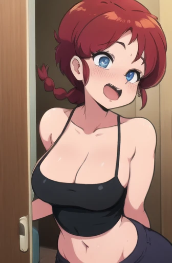 Ranmachan, Red hair, Braided hair, blue eyes, detailed eyes, Whole body, lindosexyrobutts, tight black blouse, black crop top, exposed navel, clothing attached to the body, tanga sexy, Open Door After Orgasm