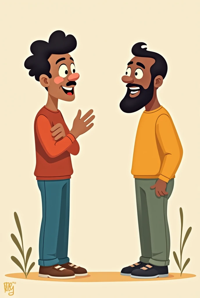 two men talking, one black and one brown, style cartoon
