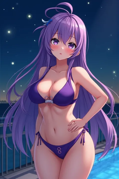 an anime image of an anime girl with large breasts and long purple hair standing on a deck, 1girl, swimsuit, breasts, passionlip (fate), bikini, purple bikini, long hair, purple hair, pool, solo, o-ring, night, huge breasts, navel, very long hair, o-ring t...