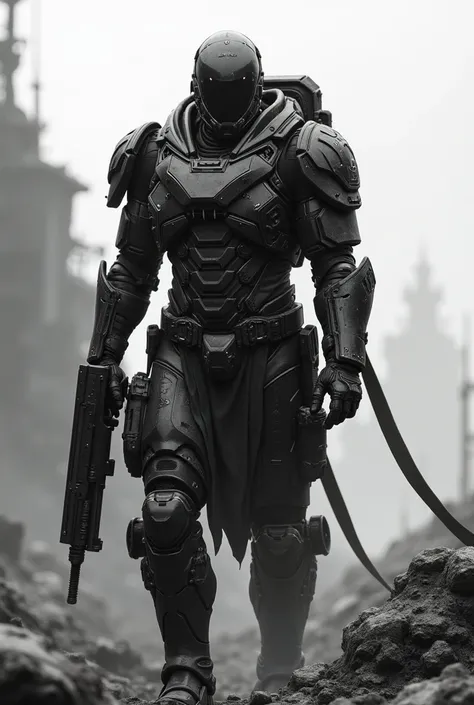 Black and white, modern cybernetically enhanced soldier, born and bred to fight against the rogue AI and warlords that plague this godforsaken world