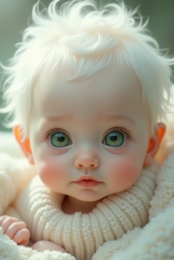 A baby with white hair and green eyes