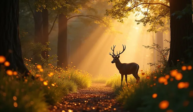 golden an enchanted forest，Magical creatures，glowing mushrooms，sparkling waterfalls，fantasy，Leonora Carrington，a fantasy forest，Hazy perspective，sunlight filtering through the trees，Glowing sika deer，32K UHD