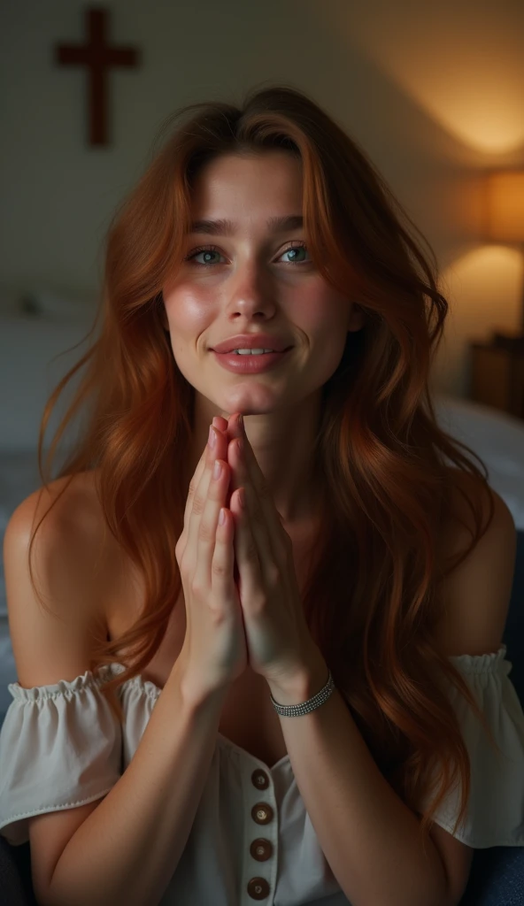 Create a photorealistic image of a young Christian woman influencer in her mid-20s with long, wavy auburn hair and deep brown eyes. She is sitting alone in a softly lit room, looking directly ahead with a vulnerable, tearful expression. Her hands are gentl...