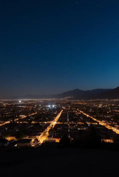 (Panoramic view of the San Sebastian-Cusco neighborhood at dusk, with the lights of the houses on and the dark sky dotted with stars)