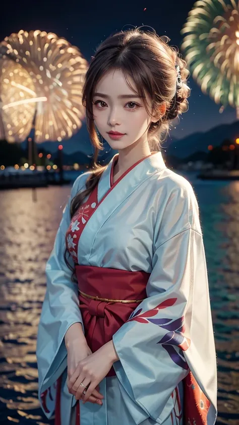 a realistic image of a girl watching a fireworks display at miyajima,
the girl is facing the camera,
the sky is filled with colo...