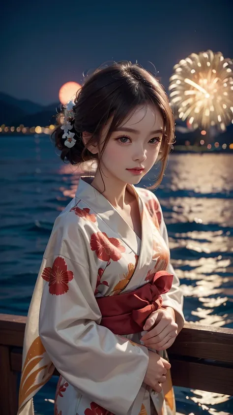 A realistic image of a girl watching a fireworks display at Miyajima,
The girl is facing the camera,
The sky is filled with colorful fireworks,
Fireworks are reflected on the waters surface,
The girl is wearing a traditional yukata,
Her hair is styled in a...