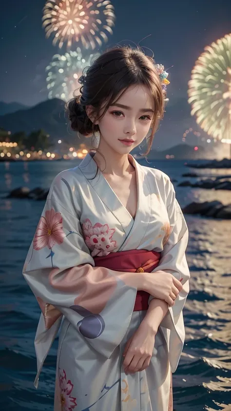 a realistic image of a girl watching a fireworks display at miyajima, the girl is facing the camera, the sky is filled with colo...