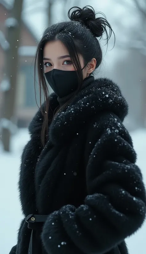 (Extremely detailed CG:1.2), (Masterpiece:1.2), (The best quality:1.2),,((absurdities)),looking at the viewer,whole body,,(1girl),only, slavic girl,  in black medical mask,  (black hair),in Italy village, messy bun hairstyle, seductive,  snowy winter, snow...