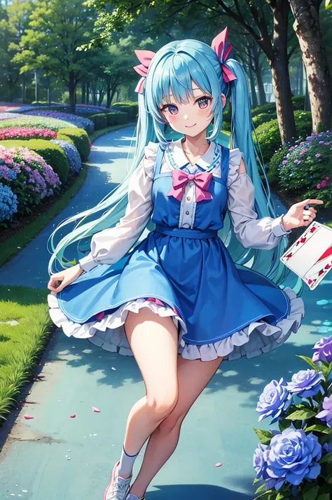 Alice in Wonderland、Light blue long hair、Beautiful girl with twin tails、smile、Running through a bright forest with cards flying、There are lots of colorful flowers at my feet