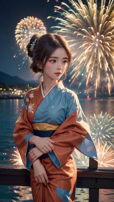 ((a realistic image of a girl watching a fireworks display at miyajima,8k)),
the girl is facing the camera,
the sky is filled wi...