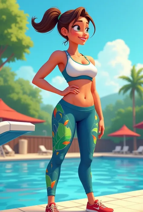 A 44-year-old cartoon woman wearing sportswear that is lycra and has a bun as her hairdo next to a diving board