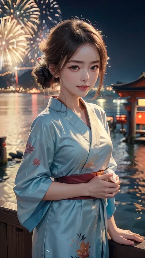 ((a realistic image of a girl watching a fireworks display at miyajima)),
the girl is facing the camera,
the sky is filled with ...