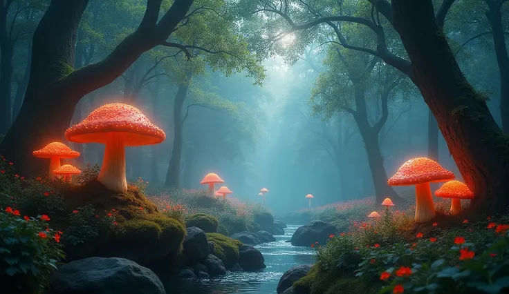 Enchanted Forest 7，Magical creatures，（glowing mushrooms），sparkling waterfalls，fantasy，Leonora Carrington，a fantasy forest，Hazy perspective，sunlight filtering through the trees，（Glowing sika deer），Rich in color，distribution，light and shadow effect，k hd，tmas...