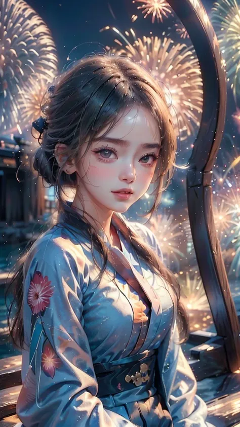 ((a realistic image of a girl watching a fireworks display at miyajima)),
the girl is facing the camera,
the sky is filled with ...