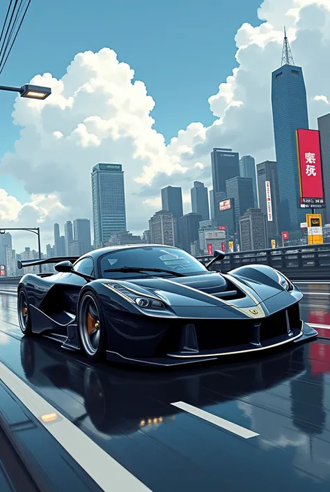 black colored ferrari car from a side angle anime style with a cloudy street Tokio Japan background 