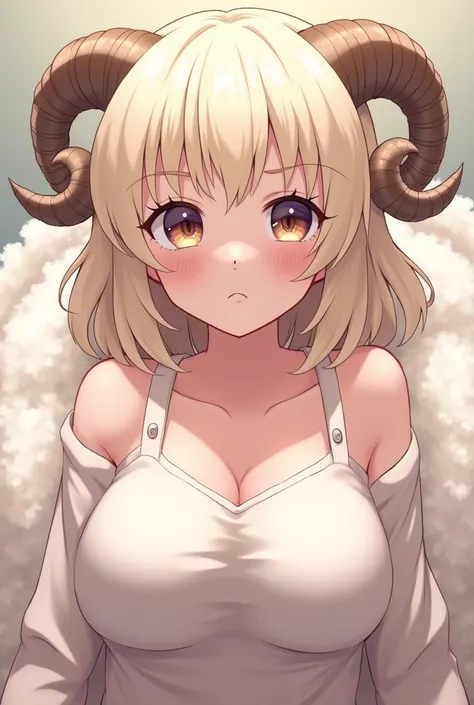 Shy sheep girl, anime, sheep horns, perfectly round breasts, anime girl, gigantic round breast