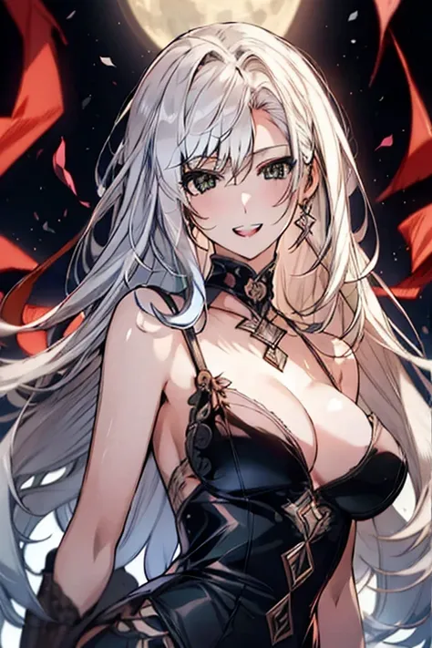 masterpiece, Highest quality, (alone focus), (Perfect Face:1.1), (Attention to detail:1.1), (Very fine eye), dramatic, 白い肌とLong Hairの女性, Voluminous white hair, White eyes, alone, Long Hair, moon, night, Black Lingerie, naked, Large Breasts, sexly, smile, D...