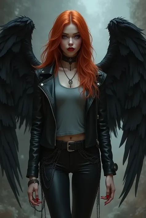 Girl with black angel wings, copper red hair, dark purple eyes, Caucasian skin, Red lips, long nails wearing a gray shirt with leather jacket, black pants with hanging chains, Black boots