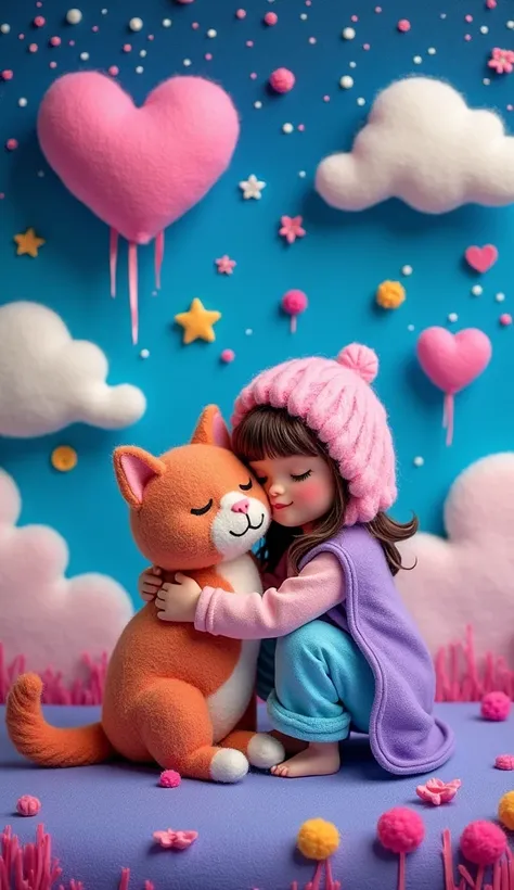 Our Felt Style，surreal space，abstract，A girl weaving with a cat is hugging each other，Fluffy love heart，fluffy clouds，star，grass，flowers，In my dream、A vivid and fun way to set the stage，blue, Purple and pink tones，bright，Art