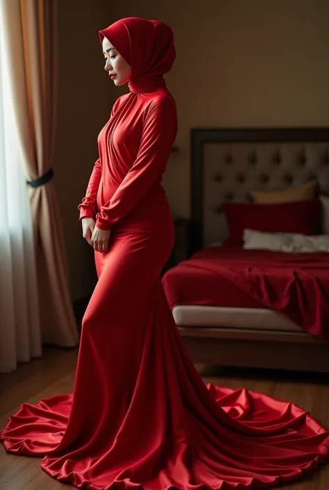 Asian woman wrapped in a red shine satin cloth mimicking a mermaid gown with a striking very long train, the cloth clings tightly to her figure, incorporates a hijab, standing with poise, see through whole body,half naked, nipple on, dramatic lighting, sex...