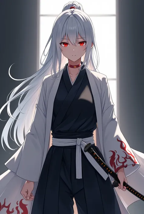 white long hair, red eyes, anime girl, black hakama pants, black shirt uniform, white modern belt, white long sleeve haori with fire patterns, katana on the hips, medium size chest.