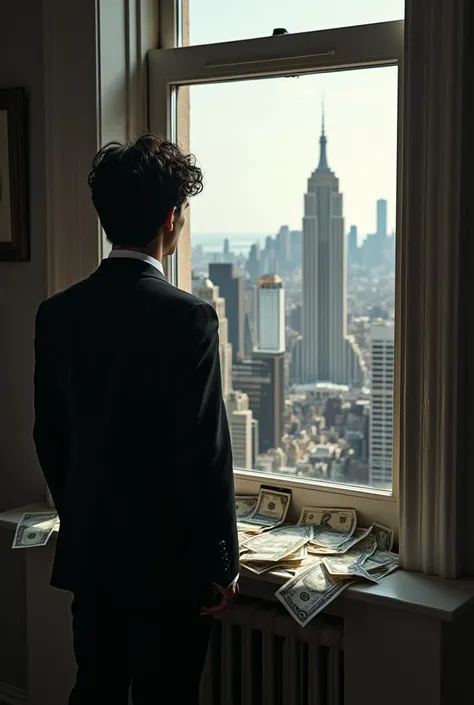 A black-haired man in a black suit looking out a window into a room full of bills towards the city