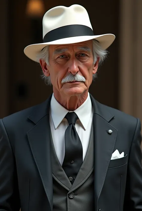 White hat, man, white hair, young,full dress