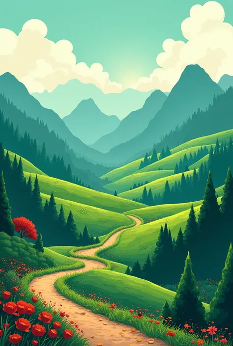 one can see green scenery on top of mountains, in the style of animated illustrations, sinuous lines, vibrant illustrations, 32k uhd, folk-inspired illustrations, red and green, i cant believe how beautiful this is