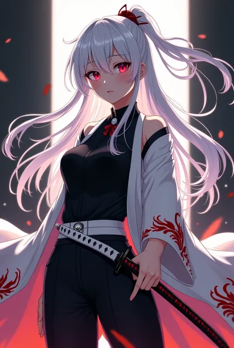 white long hair, red eyes, anime girl, black hakama pants, black shirt uniform, white modern belt, white long sleeve haori with fire patterns, katana on the hips, medium size chest, kimetsu no yaiba art style.