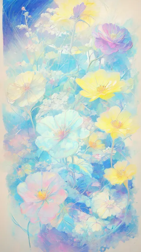 Illustration of colored pencils、Soft and gentle touch、A school of small fish、Angelfish、fly in the sky。Colorful floral 、