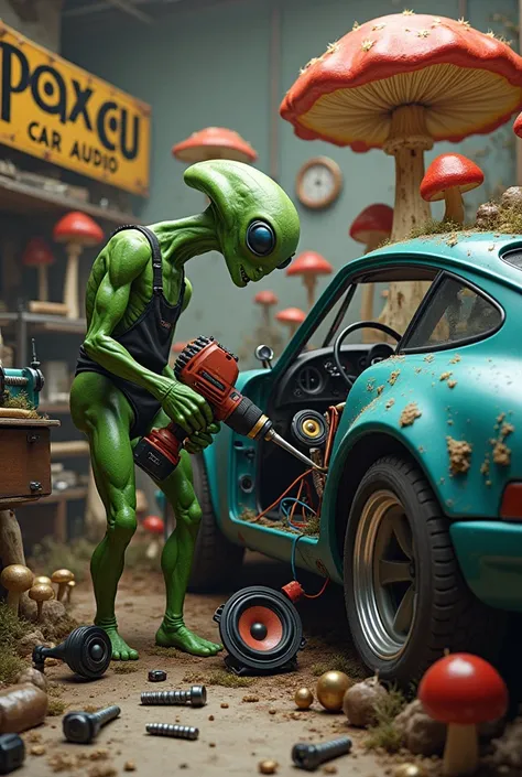 Lots of mushrooms and an alien is installing a sound system in a car and he has a drill and a speaker in his hand and there are wires, screws, clamps and lots of speakers everywhere and there is a big sign that says paxacu car audio 