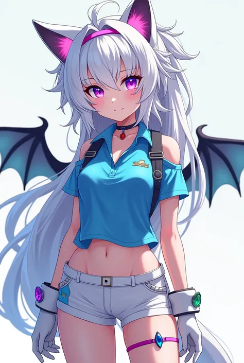 Anime girl age 16 years old with adorable little ears on her head Sonic the hedgehog style and small bat wings style the bat girl from the Sonic series very beautiful and small with a good body tight short shiny blue polo shirt that shows her belly and lon...