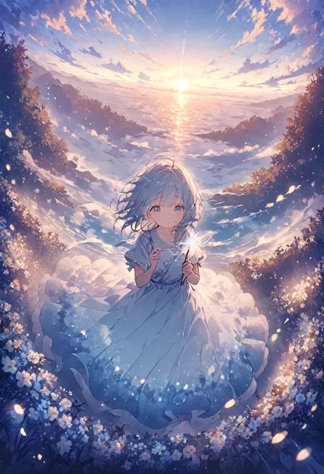 Blue sky, white clouds floating in the distance, a  standing on a flower sea, holding a fairy wand in her hand to summon flying fireflies around her. The background is full of large and small cloud flowers, creating an atmosphere of fantasy and dreamy blue...