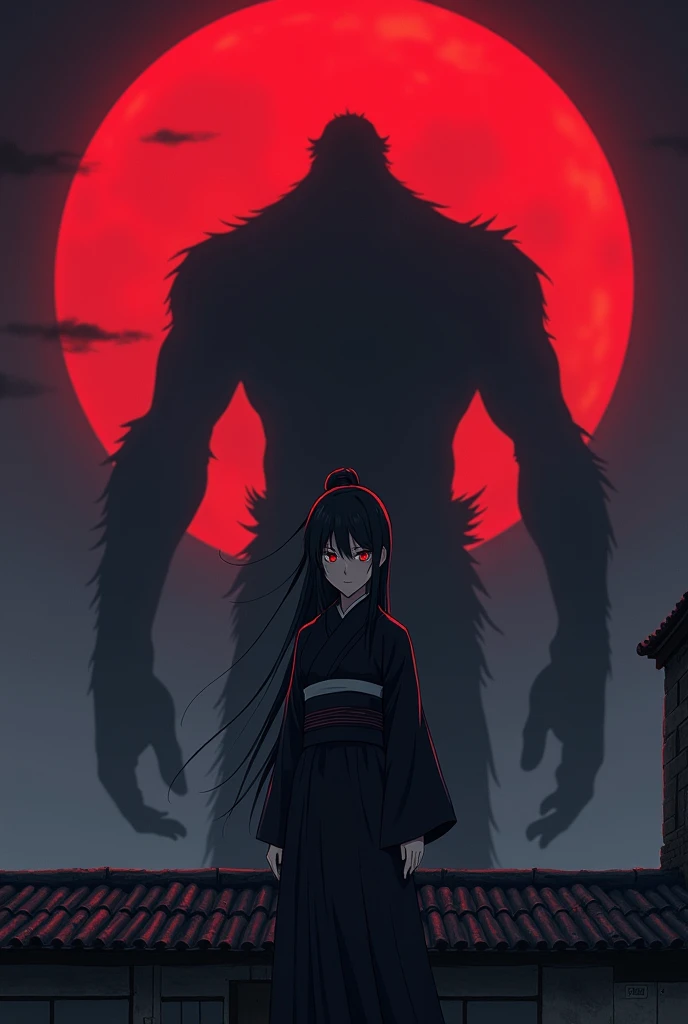 Long Black Hair、Hair tied up、15 years old、woman、kimono、The background is a large red crescent moon、On the roof of an old building、Too much exposure、Red eyes、Cold look、profile、Anime Style、Wearing a black haori、Belt around the waist、Looking this way、womanの後ろ...