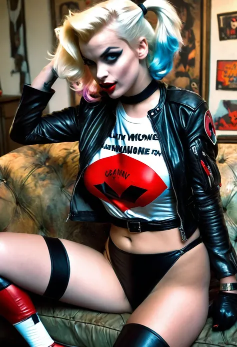 Marilyn Monroe (age 25, black leather jacket, tough girl pose, sexy swimsuit, role of Harley Quinn, crazy sexy flirting) casually holding a gun, trashed living room