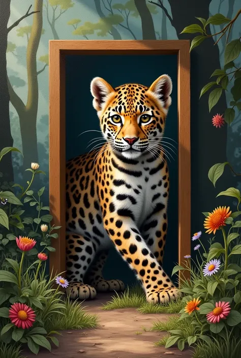 Very realistic image of a leopard cub, perfect focus quality , The image is painted on a framed painting, and the leopard cub is peeking out as if he were going to leave the frame. One of its legs, is already outside the frame supported by the outside of t...