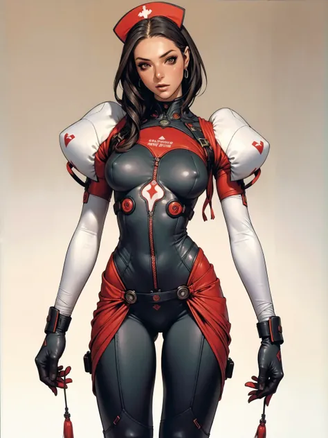 (((short arms))), ((( nurse suit ))), (((bandaged arms))), ((high collar)), (((black with red details))), (((best qualityer: 1.4))), (Unbeatable masterpiece), (hiper HD),(CG 8k hyper-realistic), (((brave face))), (((breasts big))), (((hyper feminine))), se...