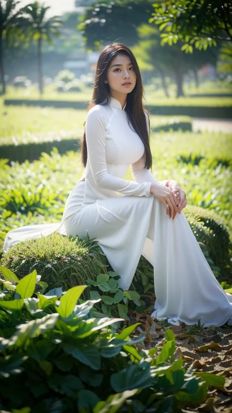 ((1 vietnamese girl wearing ao dai, chubby body, realistic face with many details, southeast asian face, symmetrical face, beaut...