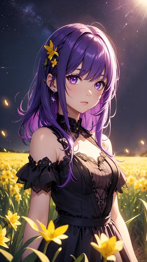 Girl1,bright purple eyes,purple hair,hair above shoulder,short purple embellished dress,shiny and glowing dress,standing in a field of bright daffodils in the dark,fireflies,dim light,dramatic scene,night,best quality,high detail,very detailed,high quality...