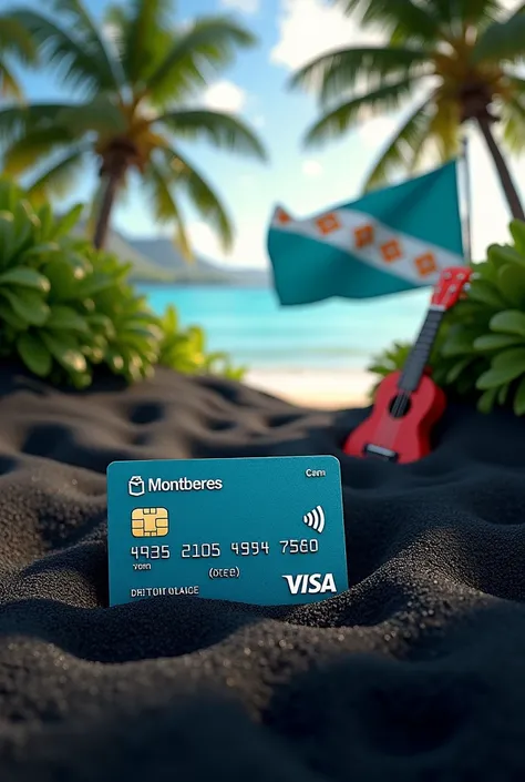 A visa card in the black sand of a beach in Tahiti with coconut trees and a ukulele and the Tahitian flag
