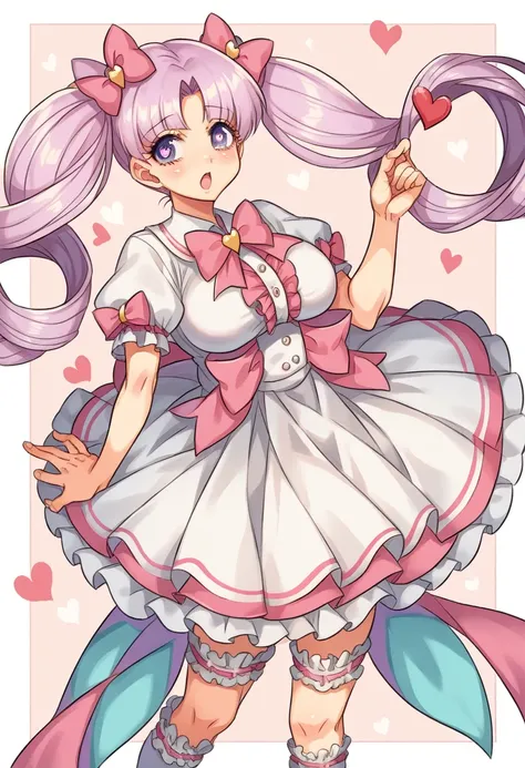 Cute, girl, pastel long lavender hair, curly twintails, purple eyes, heart shaped pupils, big breasts, hourglass finger, slender, ruffle pastel bow blouse, Skirt-Knee-length, pastel, pleated skirt, petticoat, lacy stockings, beautiful guardian background, ...