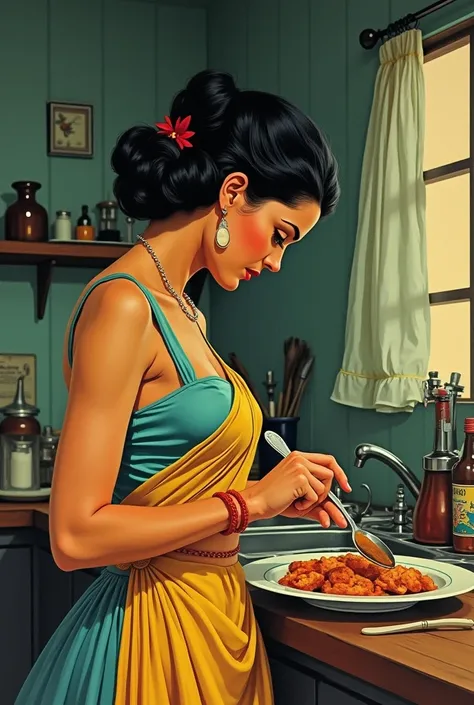 vintage comic book ((illustration)), by ((Milton caniff)), cinematic fish-eye film still from below, a Indian woman in her kitchen, preparing dinner, looking down, wearing fifties womens attire, 42 years of age, natural Czech beauty, shown in full, head to...