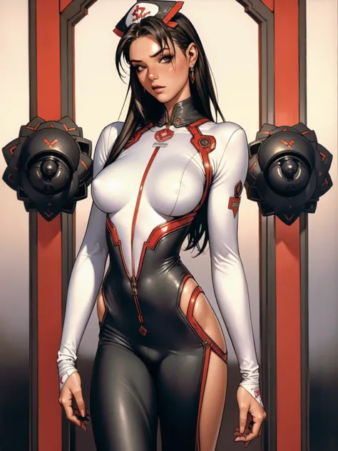 (((short arms))), ((( nurse suit ))), (((bandaged arms))), ((high collar)), (((black with red details))), (((best qualityer: 1.4))), (Unbeatable masterpiece), (hiper HD),(CG 8k hyper-realistic), (((brave face))), (((breasts big))), (((hyper feminine))), se...