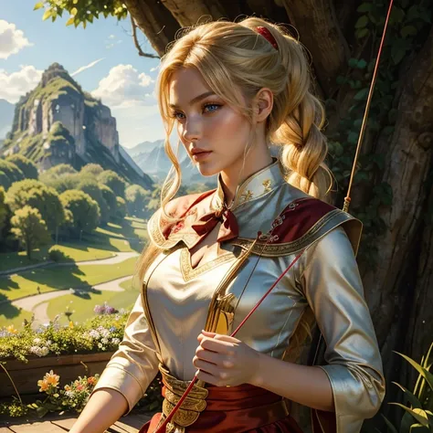 (​masterpiece, best quality:1.5), highest quality, High resolution, super detailed, Realists, Upper body photo of a blonde archer, detailed and beautiful eyes, beautiful detailed lips, very detailed eyes and face, longeyelashes, Archer in shiny red satin d...