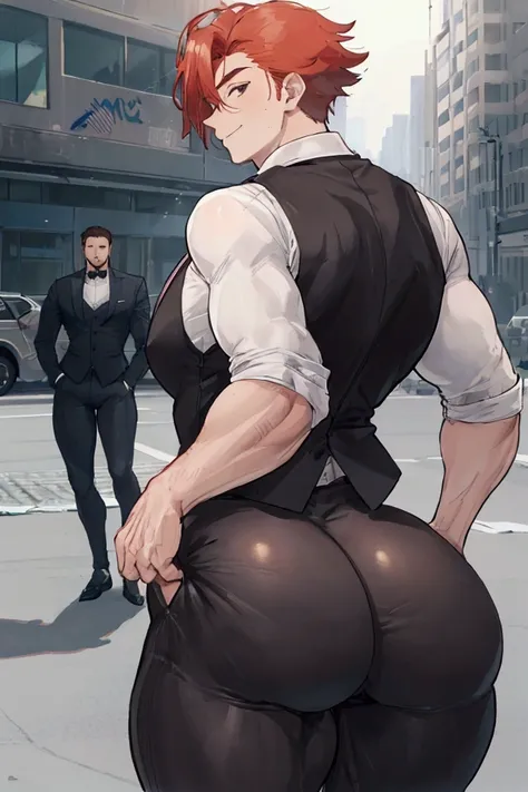 One Man, muscular, jocks, athletic, ginger, wearing suit vest clothes, big butt, huge ass, comically massive ass, bubblebutt, thick, thicc, thick ass, thick legs, thick thighs, huge butt cheeks, ass huge, showing butt to camera, smiling, looking back at ca...