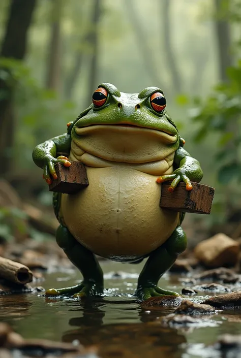 Very fat frog carrying wooden blocks to build a stage in a swamp. Put a lot of details in the scene